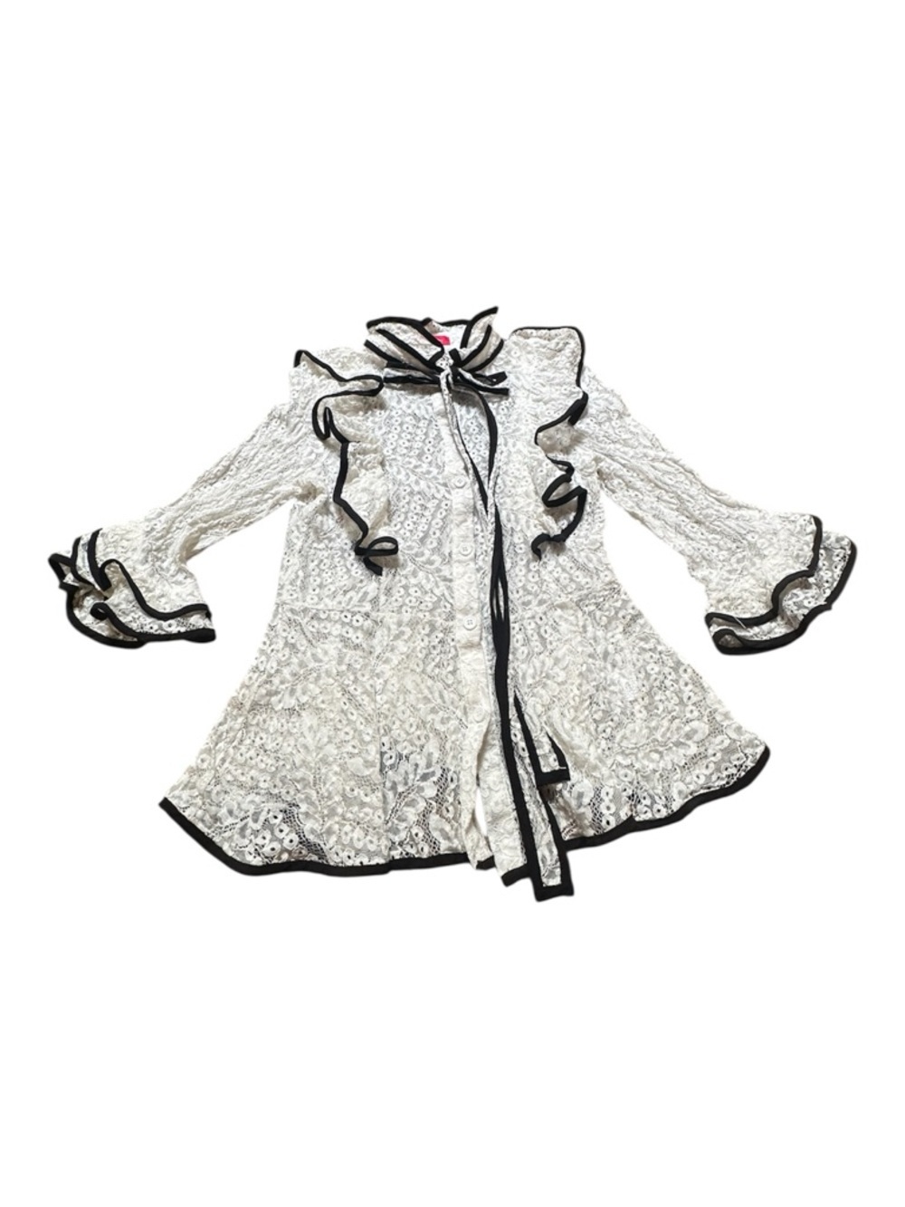 White Lace Ruffle Blouse with Black Trim - Kids